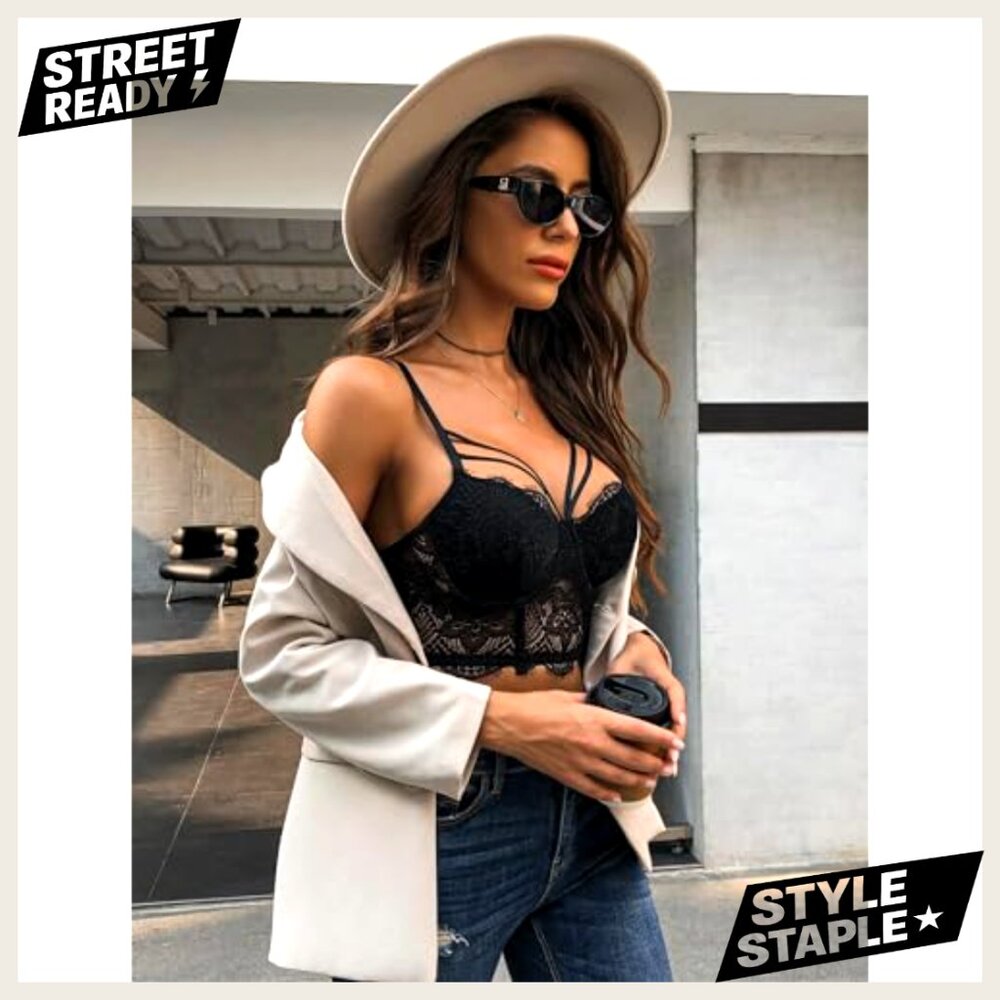 Lace Bralette Camisole V-Neck Adjustable Strap Two Layer Crop Top Bustier - Picture 3 of 7